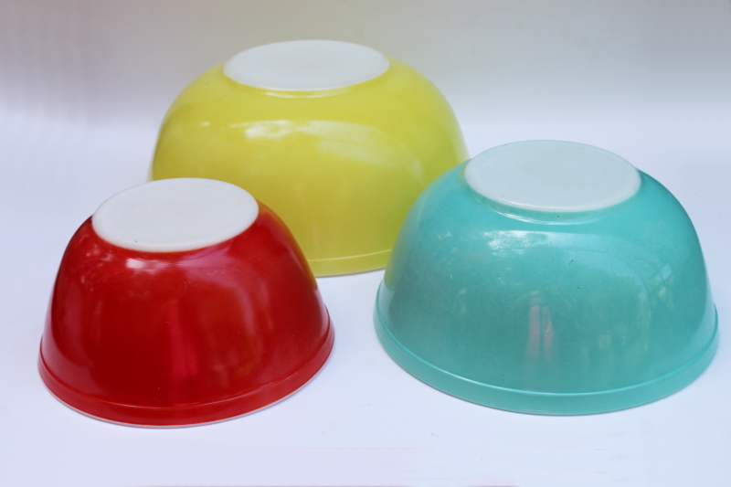 photo of vintage Pyrex primary yellow aqua red mixing bowls 404 403 402 MCM frankenstack retro colors!  #9